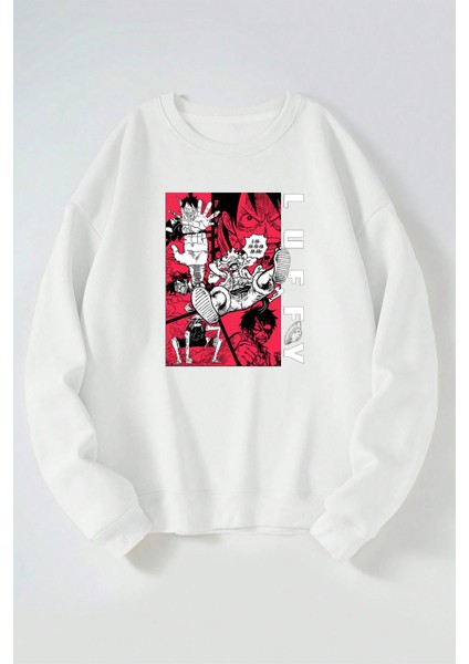 One Piece Luffy Baskılı Kadın/erkek Beyaz Bisiklet Yaka Pamuklu Sweatshirt