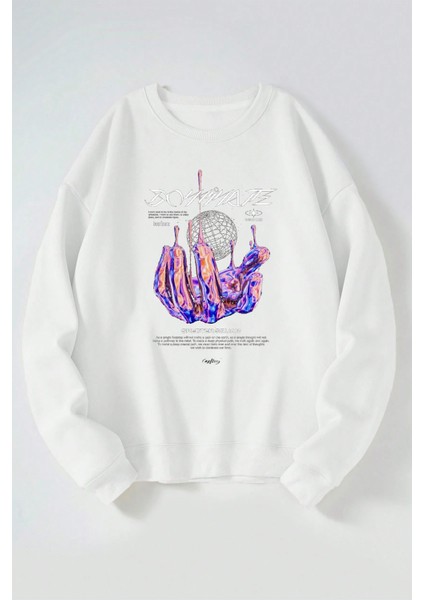 Doymate Baskılı Kadın/erkek Beyaz Bisiklet Yaka Pamuklu Sweatshirt