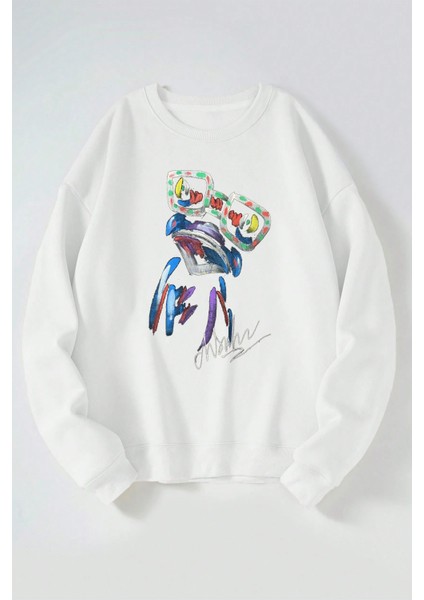 Renkli Kurbağ Baskılı Kadın/erkek Beyaz Bisiklet Yaka Pamuklu Sweatshirt
