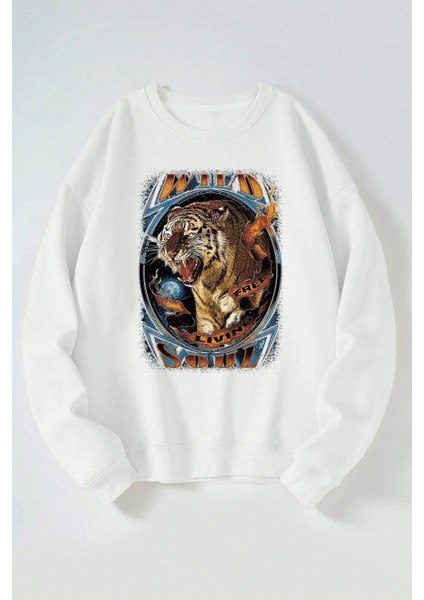 Wıld Soul Baskılı Kadın/erkek Beyaz Bisiklet Yaka Pamuklu Sweatshirt