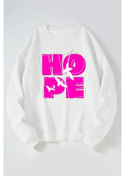 Hope Güvercin Baskılı Kadın/erkek Beyaz Bisiklet Yaka Pamuklu Sweatshirt