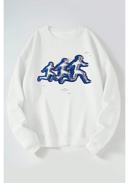 Koşan Adam Baskılı Kadın/erkek Beyaz Bisiklet Yaka Pamuklu Sweatshirt