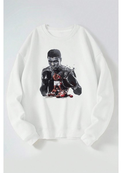 Muhammed Ali Boks Baskılı Kadın/erkek Beyaz Bisiklet Yaka Pamuklu Sweatshirt