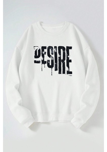 Desire Baskılı Kadın/erkek Beyaz Bisiklet Yaka Pamuklu Sweatshirt