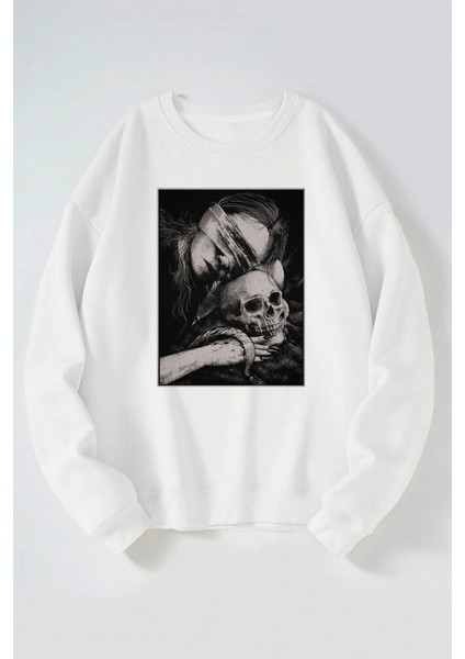 Gözleri Bağlı Baskılı Kadın/erkek Beyaz Bisiklet Yaka Pamuklu Sweatshirt