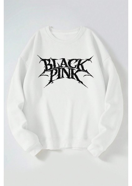 Black Pink Baskılı Kadın/erkek Beyaz Bisiklet Yaka Pamuklu Sweatshirt