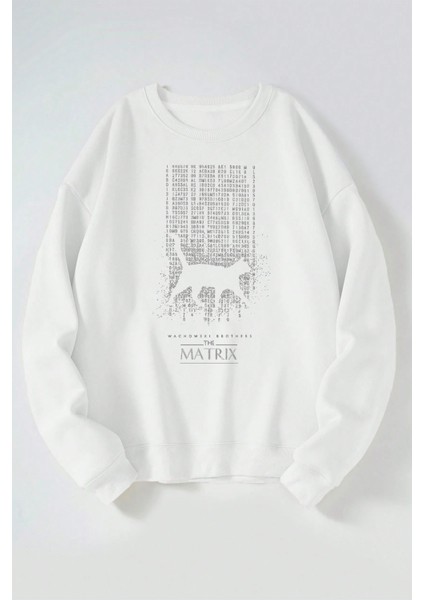 The Matrıx Cat Baskılı Kadın/erkek Beyaz Bisiklet Yaka Pamuklu Sweatshirt