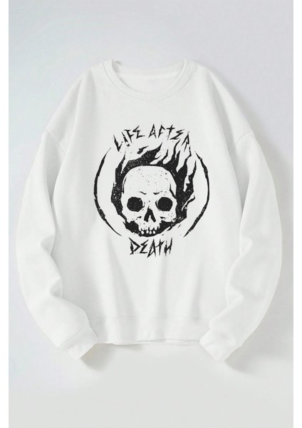 Life After Death Baskılı Kadın/erkek Beyaz Bisiklet Yaka Pamuklu Sweatshirt
