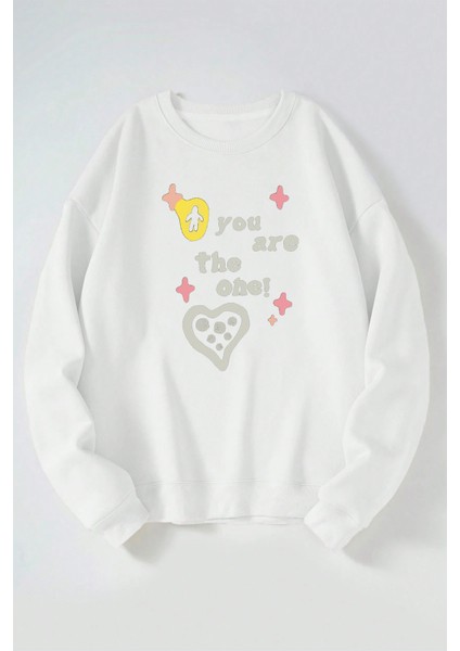 You Are The One Baskılı Kadın/erkek Beyaz Bisiklet Yaka Pamuklu Sweatshirt