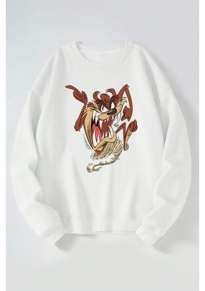 Tazmanya Canavarı Kaçış Baskılı Kadın/erkek Beyaz Bisiklet Yaka Pamuklu Sweatshirt