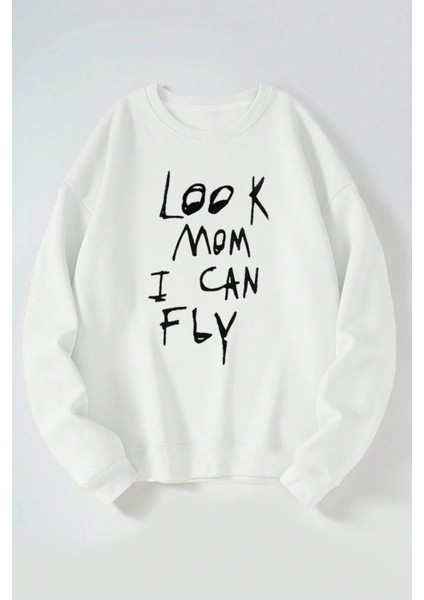 Look Mom I Can Fly Baskılı Kadın/erkek Beyaz Bisiklet Yaka Pamuklu Sweatshirt