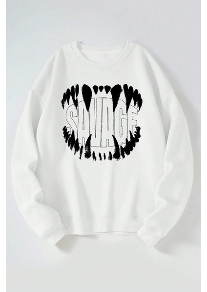 Savage Baskılı Kadın/erkek Beyaz Bisiklet Yaka Pamuklu Sweatshirt