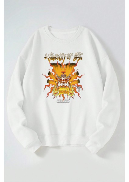 A Journey Of Life Korn Baskılı Kadın/erkek Beyaz Bisiklet Yaka Pamuklu Sweatshirt