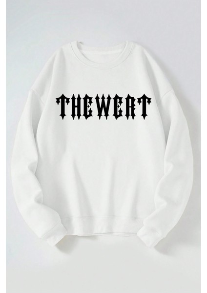 Thewert Yazı Baskılı Kadın/erkek Beyaz Bisiklet Yaka Pamuklu Sweatshirt