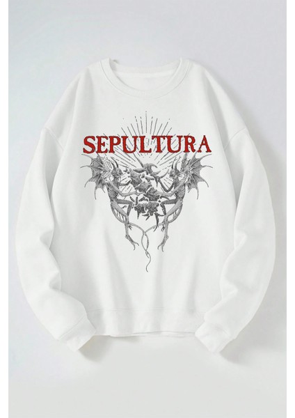 Sepultura Şeytan Baskılı Kadın/erkek Beyaz Bisiklet Yaka Pamuklu Sweatshirt