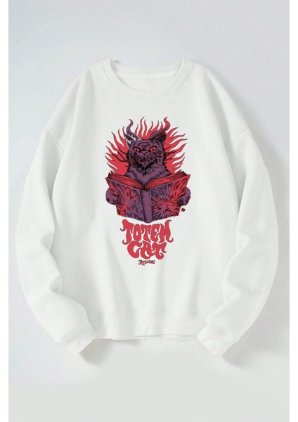 Totem Cat Baskılı Kadın/erkek Beyaz Bisiklet Yaka Pamuklu Sweatshirt