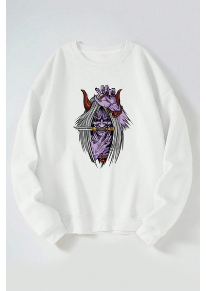 Bıçaklı Şeytan Baskılı Kadın/erkek Beyaz Bisiklet Yaka Pamuklu Sweatshirt