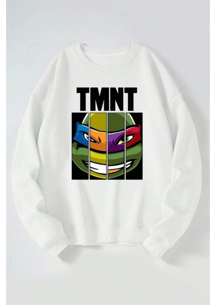 Tmnt Baskılı Kadın/erkek Beyaz Bisiklet Yaka Pamuklu Sweatshirt