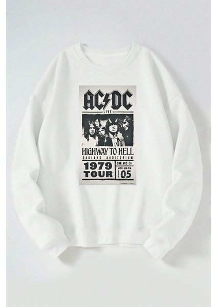 Hıghway To Hell Ac Dc Baskılı Kadın/erkek Beyaz Bisiklet Yaka Pamuklu Sweatshirt