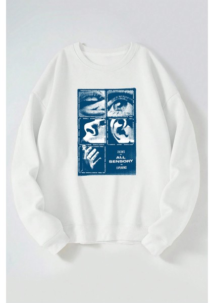 All Sensory Baskılı Kadın/erkek Beyaz Bisiklet Yaka Pamuklu Sweatshirt