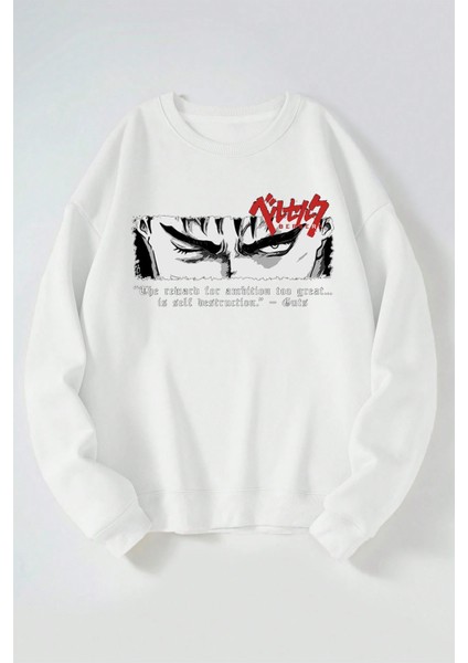 Berserk Guts Göz Baskılı Kadın/erkek Beyaz Bisiklet Yaka Pamuklu Sweatshirt