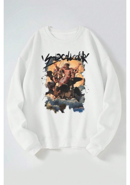 Sold Collect Baskılı Kadın/erkek Beyaz Bisiklet Yaka Pamuklu Sweatshirt