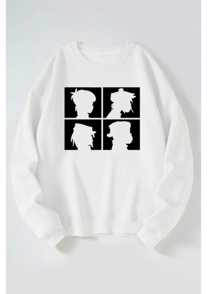 Gorillaz Demon Days Baskılı Kadın/erkek Beyaz Bisiklet Yaka Pamuklu Sweatshirt