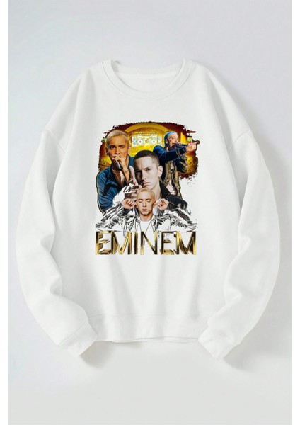 Eminem Gold Baskılı Kadın/erkek Beyaz Bisiklet Yaka Pamuklu Sweatshirt