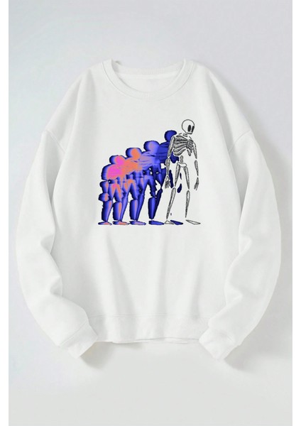 Iskelet Adam Baskılı Kadın/erkek Beyaz Bisiklet Yaka Pamuklu Sweatshirt
