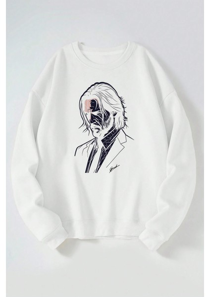 John Wick Baskılı Kadın/erkek Beyaz Bisiklet Yaka Pamuklu Sweatshirt
