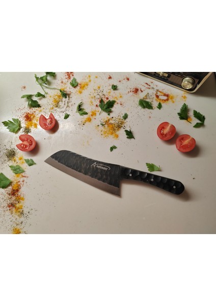 Ardabey Özel Üretim Mikarte Saplı Dövme El Işçiliği Santoku Şef Bıçağı
