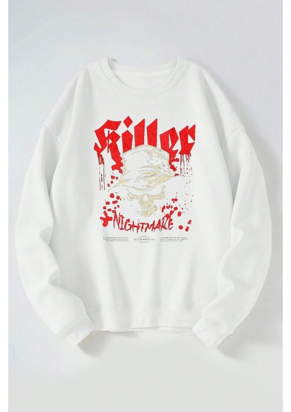 Skull Nightmare Baskılı Kadın/erkek Beyaz Bisiklet Yaka Pamuklu Sweatshirt