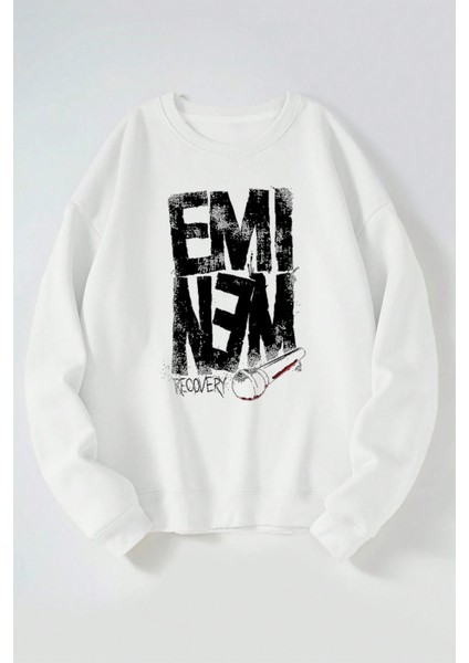 Eminem Recovery Baskılı Kadın/erkek Beyaz Bisiklet Yaka Pamuklu Sweatshirt