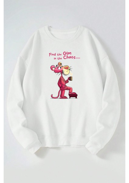 Find The Calm Pembe Panter Baskılı Kadın/erkek Beyaz Bisiklet Yaka Pamuklu Sweatshirt