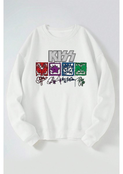 Kıss Imza Baskılı Kadın/erkek Beyaz Bisiklet Yaka Pamuklu Sweatshirt