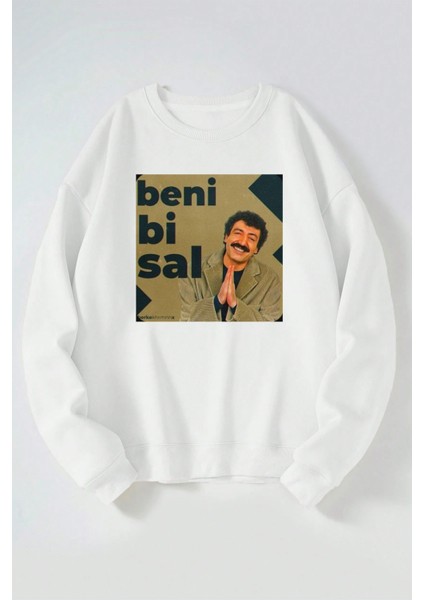 Müslüm Gürses Beni Bi Sal Baskılı Kadın/erkek Beyaz Bisiklet Yaka Pamuklu Sweatshirt