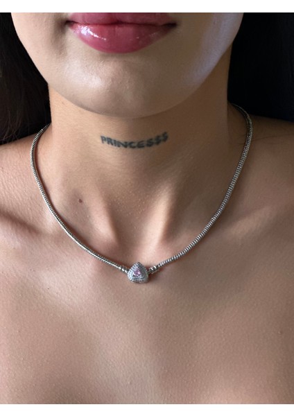 Çelik Zirkon Taşlı Ters Pembe Kalpli Charm Pandora Kolye