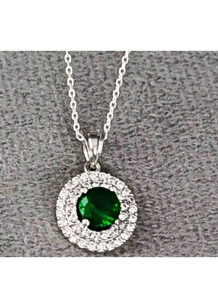 Ilahgümüştr Gümüş Yeşil Taşlı Yuvarlak Kadın Kolye