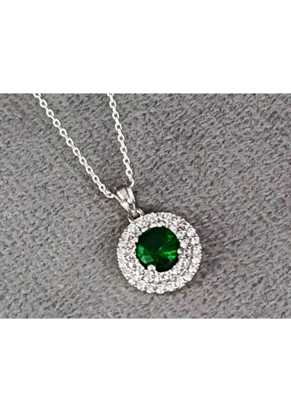 Ilahgümüştr Gümüş Yeşil Taşlı Yuvarlak Kadın Kolye modelleri