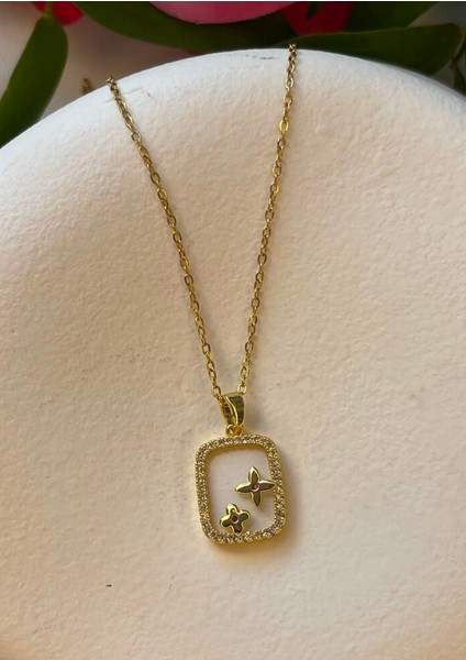 Çelik Pembe Taşlı Gold Kolye