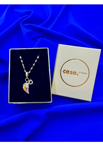 Celeste Shine Kalpli Melek Kanadı Mine Dolgulu Zirkon Taş Detaylı Paslanmaz Çelik Kolye