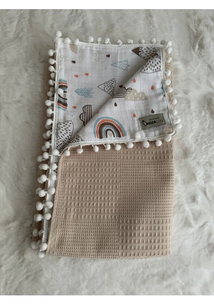Waffle Pike ve Dağ Müslin Kombinli Çift Taraflı 100X85 cm Bebek Battaniye , Pike