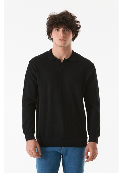 Erkek Fitilli Polo Yaka Triko Kazak Uzun Kol Siyah Renk 70 cm Boy