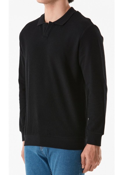 Erkek Fitilli Polo Yaka Triko Kazak Uzun Kol Siyah Renk 70 cm Boy indirimleri