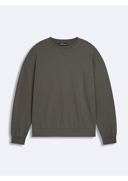 Sloganlı Sıfır Yaka Uzun Kollu Relaxed Fit Gri Sweatshırt