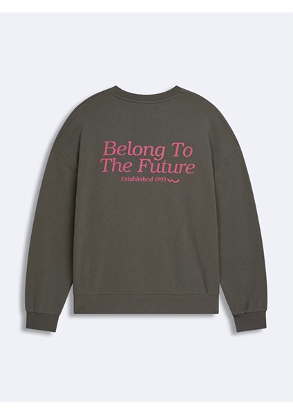 Sloganlı Sıfır Yaka Uzun Kollu Relaxed Fit Gri Sweatshırt