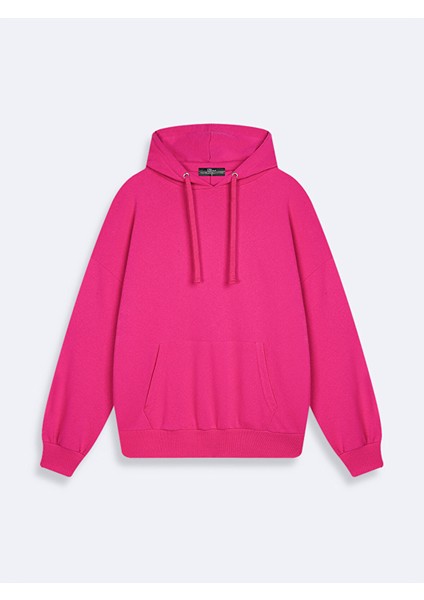 Sırtı Baskılı Kapüşonlu Fermuarsız Oversıze Fit Pembe Sweatshırt