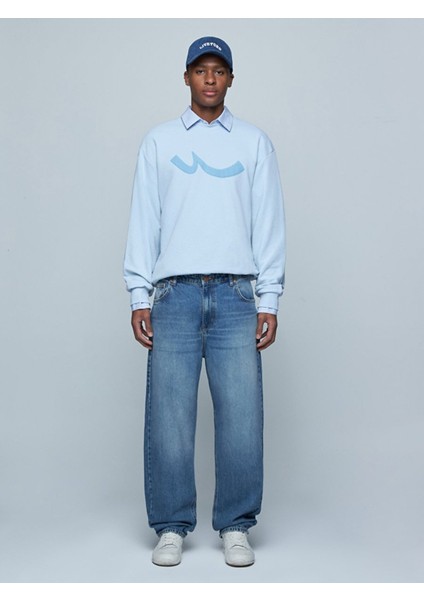 Sloganlı Sıfır Yaka Uzun Kollu Relaxed Fit Mavi Sweatshırt