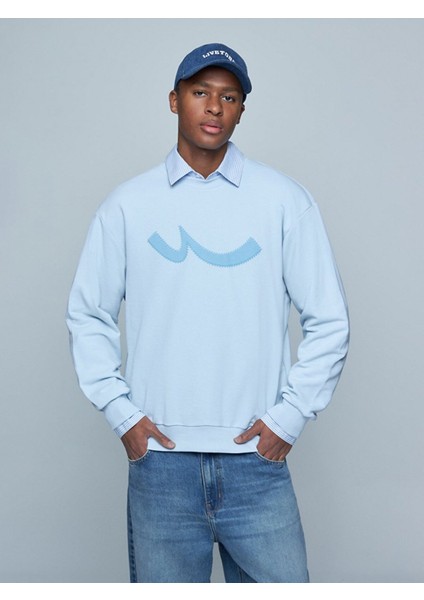 Sloganlı Sıfır Yaka Uzun Kollu Relaxed Fit Mavi Sweatshırt