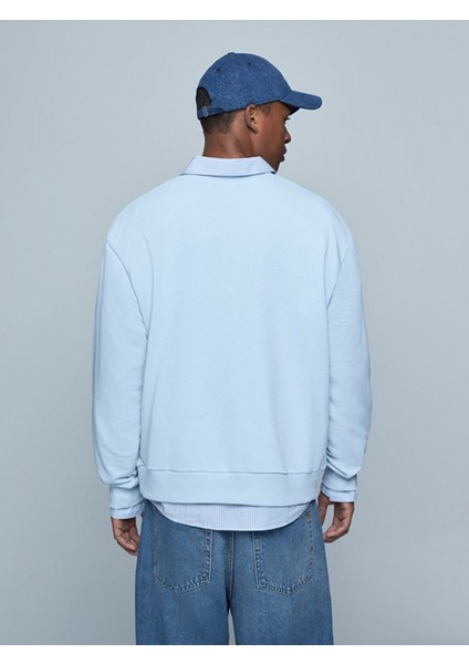Sloganlı Sıfır Yaka Uzun Kollu Relaxed Fit Mavi Sweatshırt